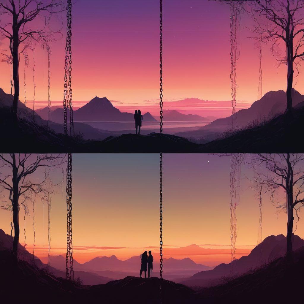 A split screen with softcore, romantic imagery on the left, and graphically intense, unrated visuals on the right, seamlessly transitioning from one to the other. The background should be a gradient from soft pastels to dark, moody tones. Include subtle visual elements like film reels or broken chains to signify breaking boundaries. vector art. vibrant colors.