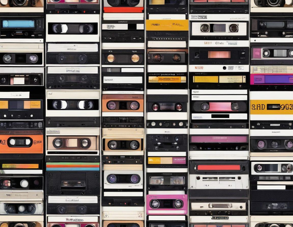 A visual timeline showcasing the evolution of erotic videos, starting with vintage film reels and classic theaters on the left, progressing to modern digital devices and streaming platforms on the right. Include icons representing VHS tapes, DVDs, and contemporary HD streaming services. Emphasize the transition with a blend of retro and modern aesthetics. painting. vibrant colors. white background.